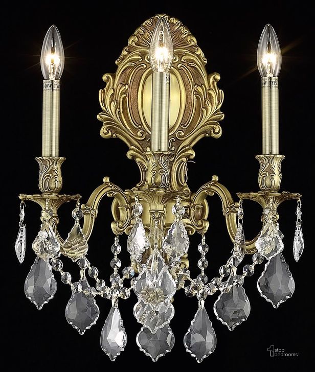 The appearance of Monarch 14 French Gold 3 Light Wall Sconce With Clear Royal Cut Crystal Trim designed by Elegant Lighting in the glam interior design. This gold piece of furniture  was selected by 1StopBedrooms from Monarch Collection to add a touch of cosiness and style into your home. Sku: 9603W14FG/RC. Product Type: Wall Sconce. Material: Crystal.
