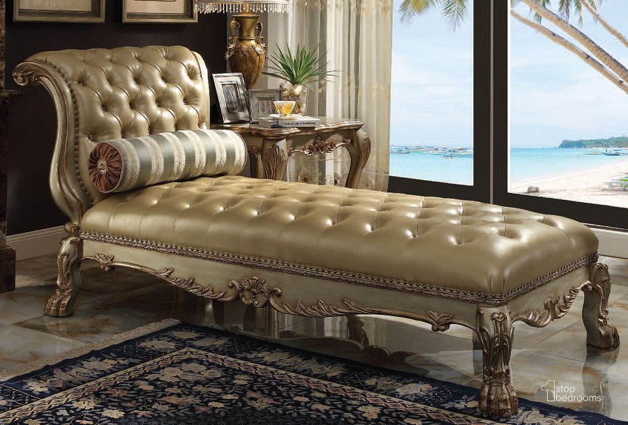 The appearance of Dresden Chaise (Gold Patina) designed by ACME in the transitional interior design. This gold piece of furniture  was selected by 1StopBedrooms from Dresden Collection to add a touch of cosiness and style into your home. Sku: 96489. Product Type: Chaise. Material: Vinyl. Image1