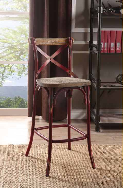 The appearance of Zaire Antique Red Bar Chair designed by ACME in the industrial interior design. This red piece of furniture  was selected by 1StopBedrooms from Zaire Collection to add a touch of cosiness and style into your home. Sku: 96808. Material: Wood. Product Type: Bar Chair.