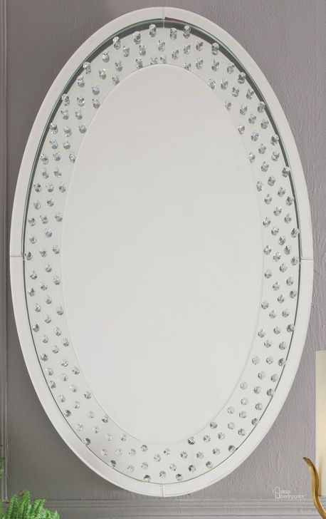 The appearance of Nysa Mirrored and Faux Crystals Accent Wall Mirror designed by ACME in the glam interior design. This silver piece of furniture  was selected by 1StopBedrooms from Nysa Collection to add a touch of cosiness and style into your home. Sku: 97022. Material: Wood. Product Type: Wall Mirror. Image1
