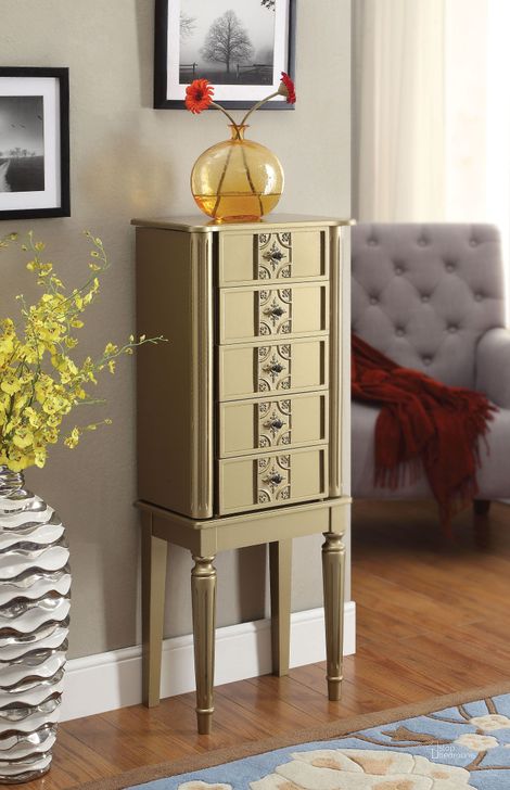 The appearance of Tammy Gold Jewelry Armoire designed by ACME in the transitional interior design. This gold piece of furniture  was selected by 1StopBedrooms from Tammy Collection to add a touch of cosiness and style into your home. Sku: 97169. Material: Wood. Product Type: Jewelry Armoire. Image1