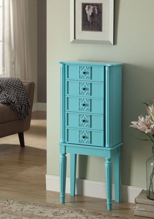 The appearance of Tammy Light Blue Jewelry Armoire designed by ACME in the transitional interior design. This blue piece of furniture  was selected by 1StopBedrooms from Tammy Collection to add a touch of cosiness and style into your home. Sku: 97170. Material: Wood. Product Type: Jewelry Armoire. Image1