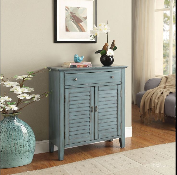 The appearance of Winchell Antique Blue 1 Drawer Console Table designed by ACME in the modern / contemporary interior design. This blue piece of furniture  was selected by 1StopBedrooms from Winchell Collection to add a touch of cosiness and style into your home. Sku: 97247. Material: Wood. Product Type: Console Table. Table Top Shape: Rectangular.