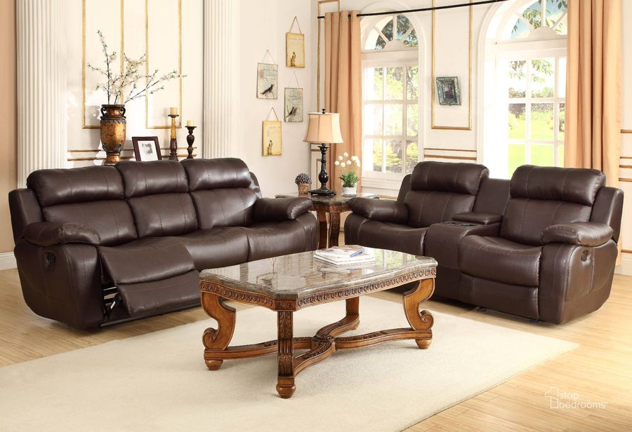 The appearance of Marille Dark Brown Reclining Living Room Set designed by Homelegance in the modern / contemporary interior design. This brown piece of furniture  was selected by 1StopBedrooms from Marille Collection to add a touch of cosiness and style into your home. Sku: 9724BRW-3;9724BRW-2. Product Type: Living Room Set. Material: Bonded Leather. Key Features: Storage.