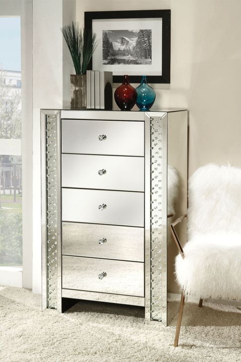 The appearance of Nysa Mirrored 5 Drawer Cabinet designed by ACME in the glam interior design. This red piece of furniture  was selected by 1StopBedrooms from Nysa Collection to add a touch of cosiness and style into your home. Sku: 97304. Material: Wood. Product Type: Accent Cabinet.