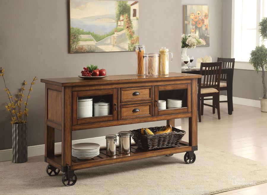 The appearance of Kadri Distressed Chestnut Kitchen Cart designed by ACME in the transitional interior design. This brown piece of furniture  was selected by 1StopBedrooms from Kadri Collection to add a touch of cosiness and style into your home. Sku: 98180. Material: Wood. Product Type: Kitchen Cart. Image1