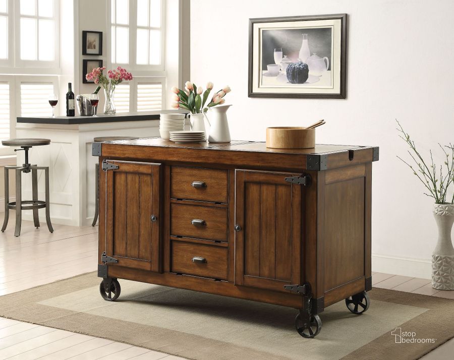 The appearance of Kabili Antique Tobacco Kitchen Cart designed by ACME in the transitional interior design. This brown piece of furniture  was selected by 1StopBedrooms from Kabili Collection to add a touch of cosiness and style into your home. Sku: 98186. Material: Wood. Product Type: Kitchen Cart. Image1