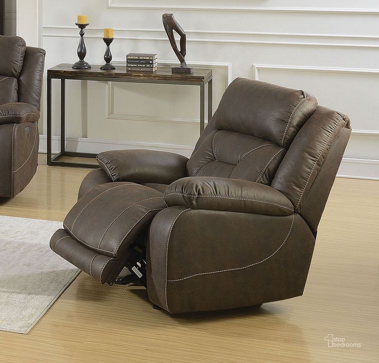 The appearance of Aria Power Recliner In Brown designed by Steve Silver in the transitional interior design. This brown piece of furniture  was selected by 1StopBedrooms from Aria Collection to add a touch of cosiness and style into your home. Sku: AA950CBN. Product Type: Recliner. Material: Plywood. Image1
