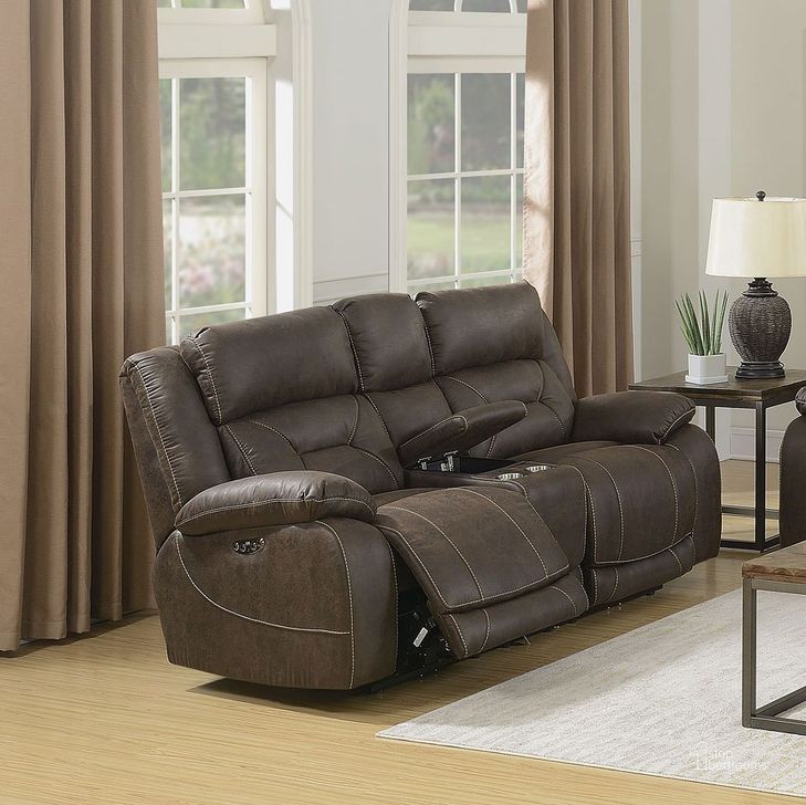 The appearance of Aria Power Loveseat with Console In Brown designed by Steve Silver in the transitional interior design. This brown piece of furniture  was selected by 1StopBedrooms from Aria Collection to add a touch of cosiness and style into your home. Sku: AA950LBN. Product Type: Loveseat. Material: Plywood. Image1