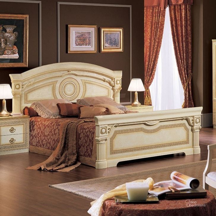 The appearance of Aida Panel Bed (Ivory and Gold) (Queen) designed by ESF in the traditional interior design. This gold piece of furniture  was selected by 1StopBedrooms from Aida Collection to add a touch of cosiness and style into your home. Sku: AIDABEDQ.S.;WFRAMEQSCAMELBENT. Bed Type: Panel Bed. Product Type: Panel Bed. Bed Size: Queen. Material: MDF. Image1