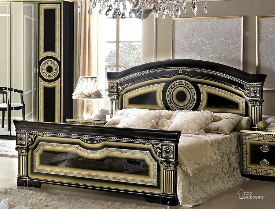 The appearance of Aida Panel Bed (Black and Gold) (Queen) designed by ESF in the traditional interior design. This black piece of furniture  was selected by 1StopBedrooms from Aida Collection to add a touch of cosiness and style into your home. Sku: AIDABEDQ.SBLACK/GOLD;WFRAMEQUEENS. Bed Type: Panel Bed. Product Type: Panel Bed. Bed Size: Queen. Material: MDF. Image1