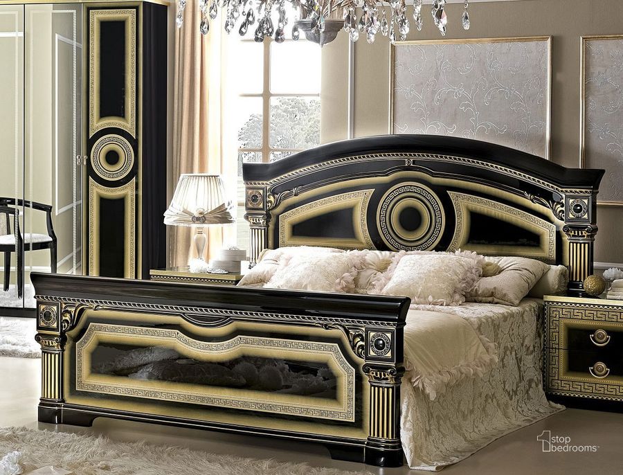 The appearance of Aida Panel Bed (Black and Gold) (King) designed by ESF in the traditional interior design. This black piece of furniture  was selected by 1StopBedrooms from Aida Collection to add a touch of cosiness and style into your home. Sku: AIDABEDK.SBLACK/GOLD;WFRAMEKSCAMELBENT. Bed Type: Panel Bed. Product Type: Panel Bed. Bed Size: King.