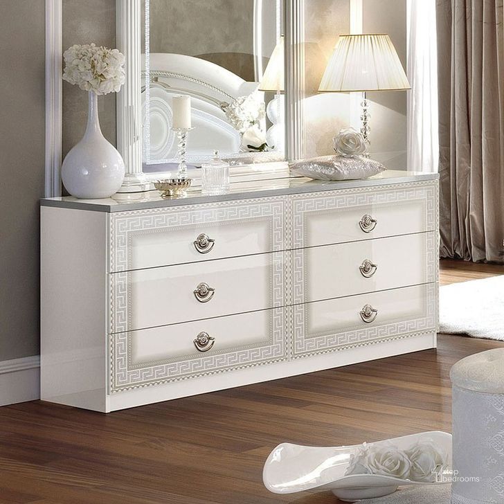 The appearance of Aida Double Dresser (White and Silver) designed by ESF in the traditional interior design. This white piece of furniture  was selected by 1StopBedrooms from Aida Collection to add a touch of cosiness and style into your home. Sku: AIDADDRESSERWHITESIL. Product Type: Dresser. Material: MDF. Image1