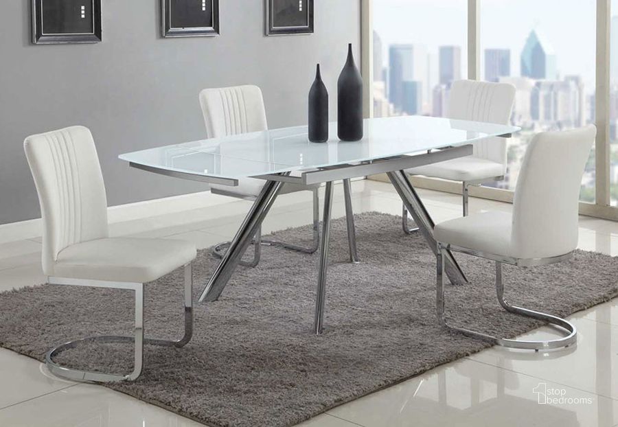 The appearance of Alina Rectangular Dining Room Set designed by Chintaly Imports in the modern / contemporary interior design. This white piece of furniture  was selected by 1StopBedrooms from Alina Collection to add a touch of cosiness and style into your home. Sku: ALINA-DT-T;ALINA-DT-B;ALINA-SC-WHT. Table Base Style: Legs. Product Type: Dining Room Set. Table Top Shape: Rectangular. Material: Metal/Glass. Size: 55". Image1