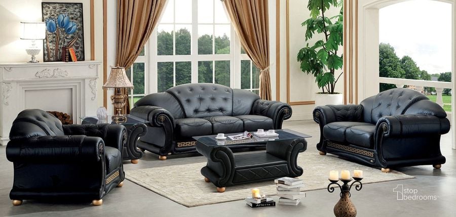The appearance of Apolo Living Room Set (Black) designed by ESF in the traditional interior design. This black piece of furniture  was selected by 1StopBedrooms from Apolo Collection to add a touch of cosiness and style into your home. Sku: APOLO3BLACK;APOLO2BLACK. Material: Leather. Product Type: Living Room Set. Image1