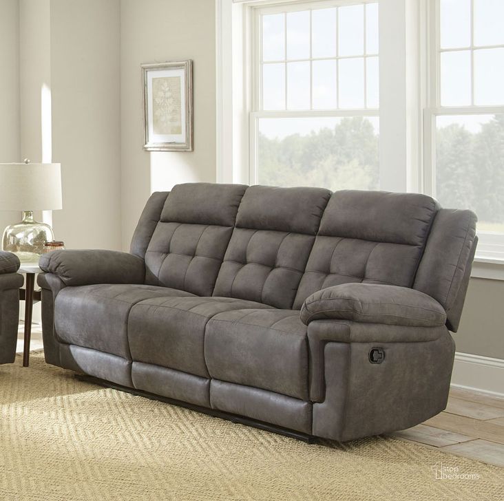 The appearance of Anastasia Recliner Sofa In Gray designed by Steve Silver in the transitional interior design. This gray piece of furniture  was selected by 1StopBedrooms from Anastasia Collection to add a touch of cosiness and style into your home. Sku: AT850S. Product Type: Reclining Sofa. Material: Plywood. Image1