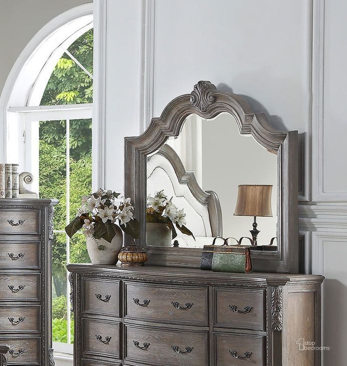 The appearance of Sheffield Mirror (Antique Grey) designed by Crown Mark in the traditional interior design. This gray piece of furniture  was selected by 1StopBedrooms from Sheffield Collection to add a touch of cosiness and style into your home. Sku: B1120-11. Product Type: Dresser Mirror.
