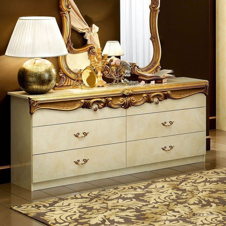 The appearance of Barocco Double Dresser (Ivory and Gold) designed by ESF in the traditional interior design. This gold piece of furniture  was selected by 1StopBedrooms from Barocco Collection to add a touch of cosiness and style into your home. Sku: BAROCCODRESSERIVORYG. Material: Wood. Product Type: Dresser. Image1