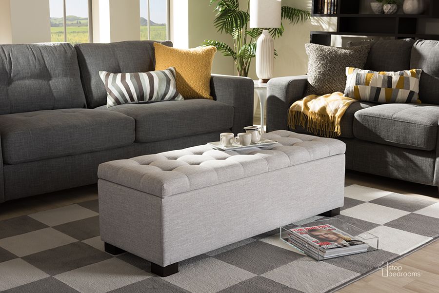 The appearance of Baxton Studio Roanoke Modern And Contemporary Grayish Beige Fabric Upholstered Grid-Tufting Storage Ottoman Bench designed by Baxton Studio in the modern / contemporary interior design. This light beige piece of furniture  was selected by 1StopBedrooms from Roanoke Collection to add a touch of cosiness and style into your home. Sku: BBT3101-OTTO-Greyish Beige-H1217-14. Product Type: Bench. Material: Rubberwood. Image1