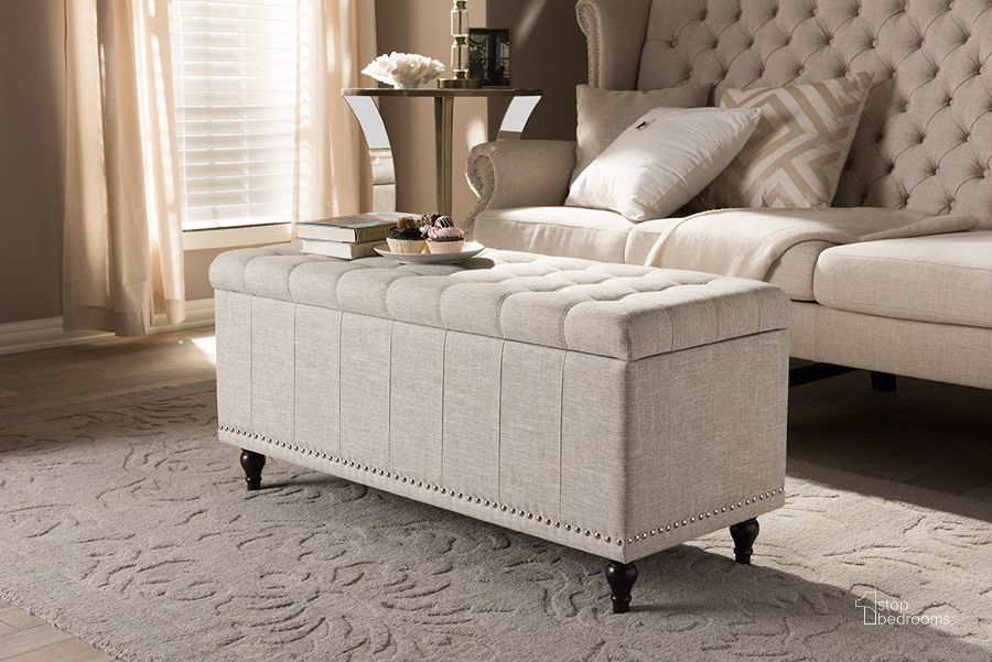 The appearance of Baxton Studio Kaylee Modern Classic Beige Fabric Upholstered Button-Tufting Storage Ottoman Bench designed by Baxton Studio in the modern / contemporary interior design. This beige piece of furniture  was selected by 1StopBedrooms from Kaylee Collection to add a touch of cosiness and style into your home. Sku: BBT3137-OTTO-Beige-H1217-3. Product Type: Bench. Material: Rubberwood. Image1