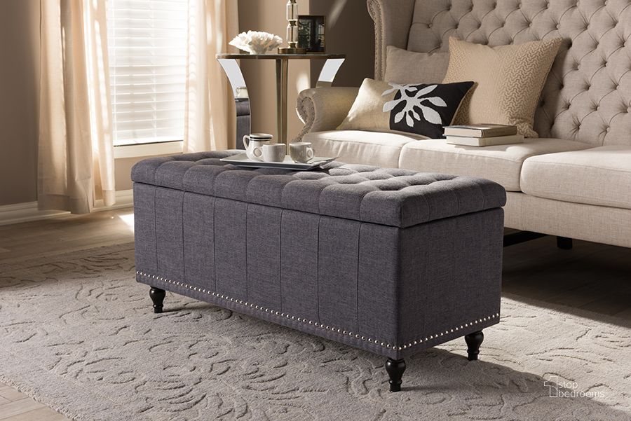 The appearance of Baxton Studio Kaylee Modern Classic Dark Grey Fabric Upholstered Button-Tufting Storage Ottoman Bench designed by Baxton Studio in the modern / contemporary interior design. This dark grey piece of furniture  was selected by 1StopBedrooms from Kaylee Collection to add a touch of cosiness and style into your home. Sku: BBT3137-OTTO-Dark Grey-H1217-20. Product Type: Bench. Material: Rubberwood. Image1