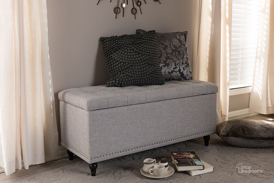 The appearance of Baxton Studio Kaylee Modern Classic Grayish Beige Fabric Upholstered Button-Tufting Storage Ottoman Bench designed by Baxton Studio in the modern / contemporary interior design. This grayish brown piece of furniture  was selected by 1StopBedrooms from Kaylee Collection to add a touch of cosiness and style into your home. Sku: BBT3137-OTTO-Greyish Beige-H1217-14. Product Type: Bench. Material: Rubberwood. Image1