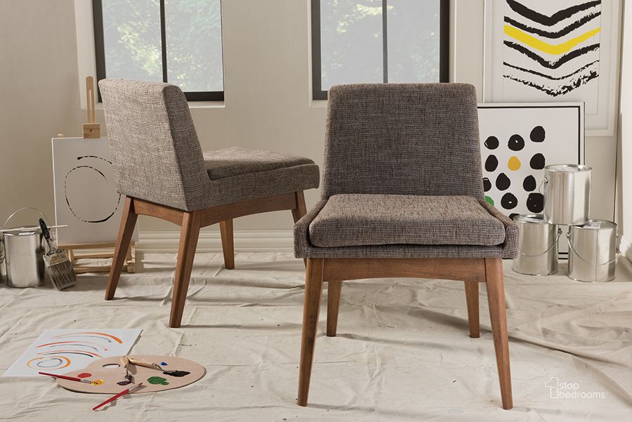 The appearance of Baxton Studio Nexus Mid-Century Modern Walnut Wood Finishing And Gravel Fabric Upholstered Dining Side Chair (Set Of 2) designed by Baxton Studio in the transitional interior design. This walnut piece of furniture  was selected by 1StopBedrooms from Nexus Collection to add a touch of cosiness and style into your home. Sku: BBT5280-Gravel-DC-TH1308. Material: Fabric. Product Type: Side Chair. Image1