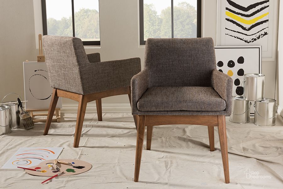 The appearance of Baxton Studio Nexus Mid-Century Modern Walnut Wood Finishing And Gravel Fabric Upholstered Arm Chair (Set Of 2) designed by Baxton Studio in the transitional interior design. This walnut piece of furniture  was selected by 1StopBedrooms from Nexus Collection to add a touch of cosiness and style into your home. Sku: BBT5281-Gravel-CC-TH1308. Material: Fabric. Product Type: Dining Chair. Image1