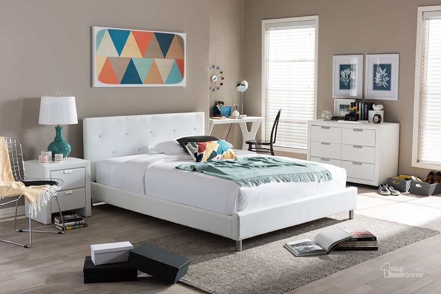 The appearance of Baxton Studio Barbara White Modern Bed With Crystal Button Tufting (Queen Size) designed by Baxton Studio in the modern / contemporary interior design. This white piece of furniture  was selected by 1StopBedrooms from Barbara Collection to add a touch of cosiness and style into your home. Sku: BBT6140-White-Bed. Bed Type: Platform Bed. Product Type: Platform Bed. Bed Size: Queen. Material: MDF.
