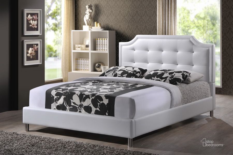 The appearance of Baxton Studio Carlotta White Modern Bed With Upholstered Headboard - Full Size designed by Baxton Studio in the transitional interior design. This white piece of furniture  was selected by 1StopBedrooms from Carlotta Collection to add a touch of cosiness and style into your home. Sku: BBT6376-White-Full. Bed Type: Platform Bed. Material: Wood. Product Type: Platform Bed. Bed Size: Full. Image1