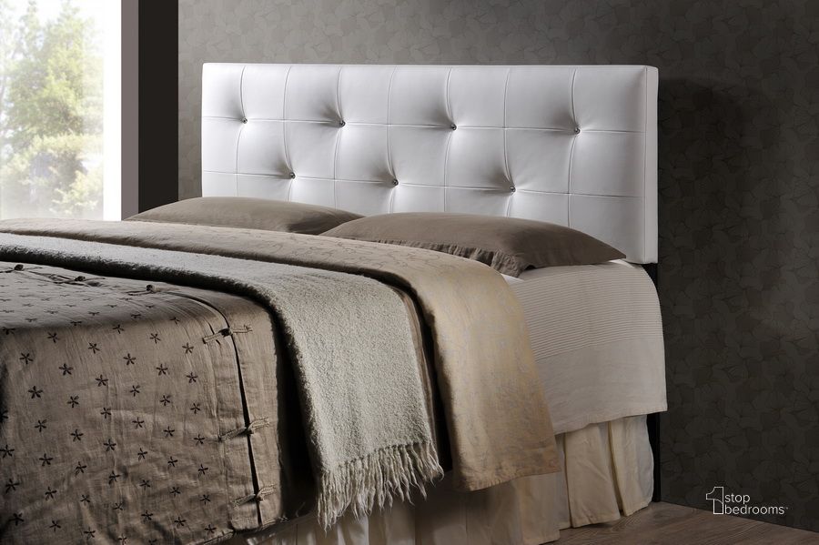The appearance of Baxton Studio Dalini Modern And Contemporary Full White Faux Leather Headboard With Faux Crystal Buttons designed by Baxton Studio in the modern / contemporary interior design. This white piece of furniture  was selected by 1StopBedrooms from Dalini Collection to add a touch of cosiness and style into your home. Sku: BBT6432-White-HB-Full. Material: Wood. Product Type: Headboard. Bed Size: Full. Image1