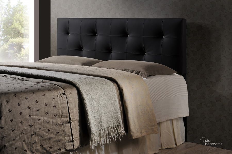 The appearance of Baxton Studio Dalini Modern And Contemporary Full Black Faux Leather Headboard With Faux Crystal Buttons designed by Baxton Studio in the modern / contemporary interior design. This black piece of furniture  was selected by 1StopBedrooms from Dalini Collection to add a touch of cosiness and style into your home. Sku: BBT6432-Black-HB-Full. Material: Wood. Product Type: Headboard. Bed Size: Full. Image1