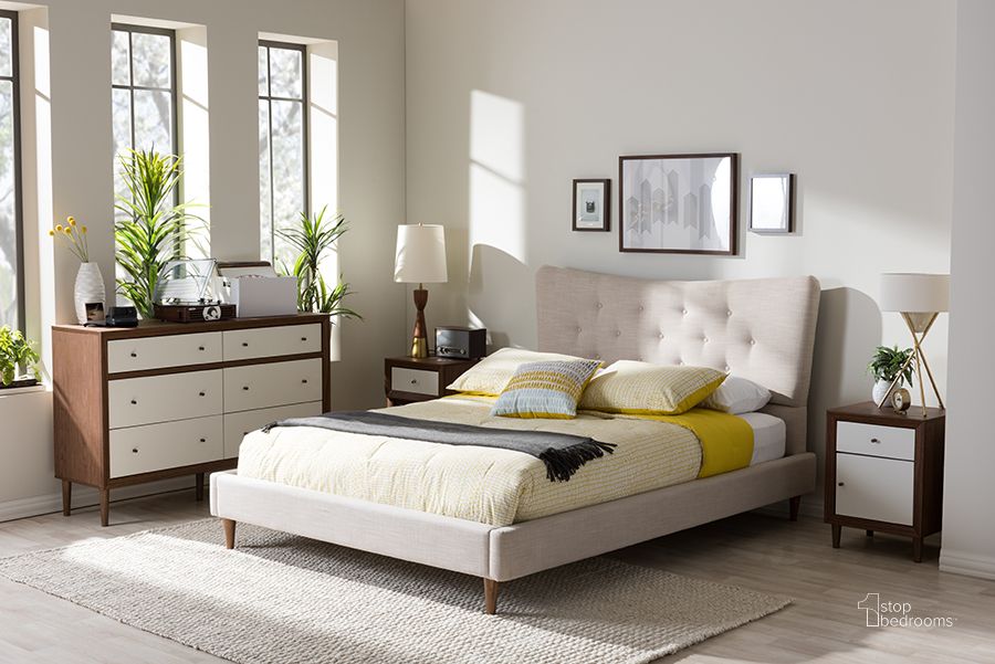 The appearance of Baxton Studio Hannah Mid-Century Modern Beige Linen King Size Platform Bed designed by Baxton Studio in the modern / contemporary interior design. This beige piece of furniture  was selected by 1StopBedrooms from Hannah Collection to add a touch of cosiness and style into your home. Sku: BBT6570-Beige-King. Bed Type: Platform Bed. Product Type: Platform Bed. Bed Size: King. Material: Rubberwood. Image1