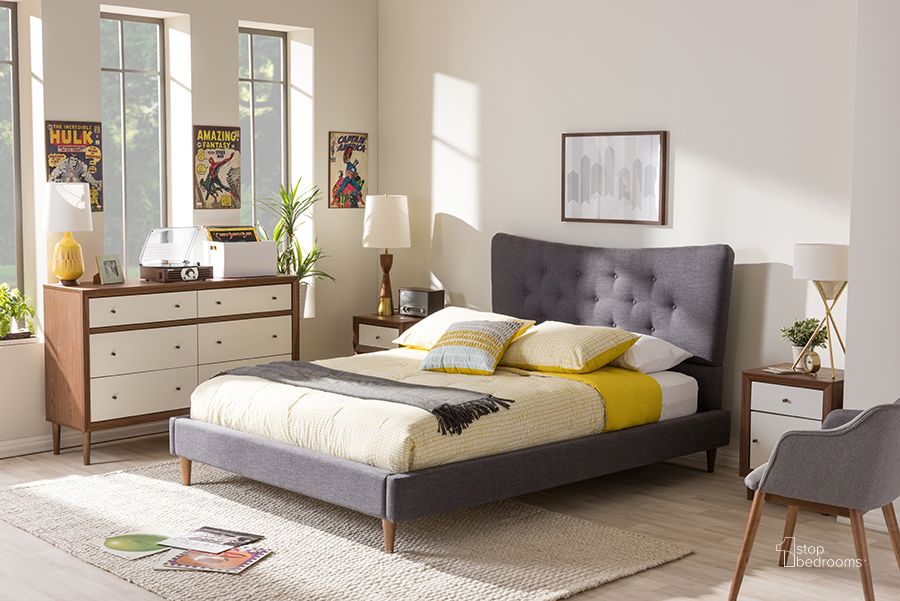 The appearance of Baxton Studio Hannah Mid-Century Modern Dark Grey Fabric King Size Platform Bed designed by Baxton Studio in the modern / contemporary interior design. This dark grey piece of furniture  was selected by 1StopBedrooms from Hannah Collection to add a touch of cosiness and style into your home. Sku: BBT6570-Dark Grey-King. Bed Type: Platform Bed. Product Type: Platform Bed. Bed Size: King. Material: Rubberwood. Image1