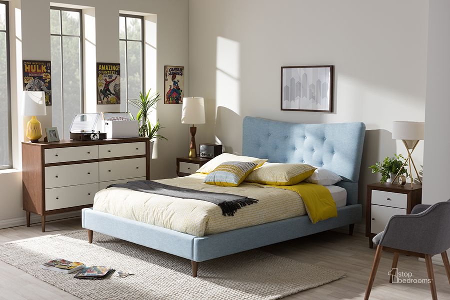 The appearance of Baxton Studio Hannah Mid-Century Modern Sky Blue King Size Fabric Platform Bed designed by Baxton Studio in the modern / contemporary interior design. This light blue piece of furniture  was selected by 1StopBedrooms from Hannah Collection to add a touch of cosiness and style into your home. Sku: BBT6570-Light Blue-King. Bed Type: Platform Bed. Product Type: Platform Bed. Bed Size: King. Material: Rubberwood. Image1