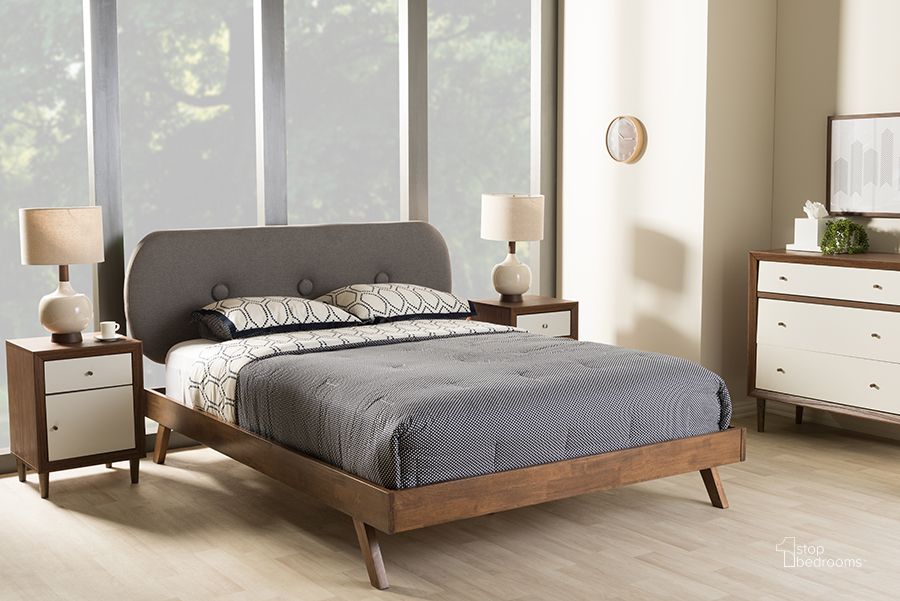 The appearance of Baxton Studio Penelope Mid-Century Modern Solid Walnut Wood Grey Fabric Upholstered Full Size Platform Bed designed by Baxton Studio in the transitional interior design. This grey piece of furniture  was selected by 1StopBedrooms from Penelope Collection to add a touch of cosiness and style into your home. Sku: BBT6607-Grey-Full-XD45. Bed Type: Platform Bed. Material: Fabric. Product Type: Platform Bed. Bed Size: Full. Image1