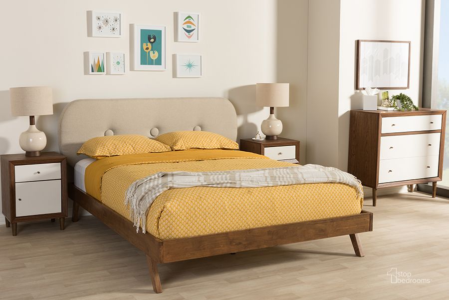 The appearance of Baxton Studio Penelope Mid-Century Modern Solid Walnut Wood Light Beige Fabric Upholstered Queen Size Platform Bed designed by Baxton Studio in the transitional interior design. This light beige piece of furniture  was selected by 1StopBedrooms from Penelope Collection to add a touch of cosiness and style into your home. Sku: BBT6607-Light Beige-Queen-6086-1. Bed Type: Platform Bed. Material: Fabric. Product Type: Platform Bed. Bed Size: Queen. Image1