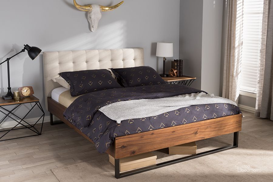 The appearance of Baxton Studio Mitchell Rustic Industrial Walnut Wood Beige Fabric Dark Bronze Metal Queen Size Platform Bed designed by Baxton Studio in the industrial interior design. This light beige piece of furniture  was selected by 1StopBedrooms from Mitchell Collection to add a touch of cosiness and style into your home. Sku: BBT6652-Light Beige-Queen-6086-1. Bed Type: Platform Bed. Material: Wood. Product Type: Platform Bed. Bed Size: Queen. Image1
