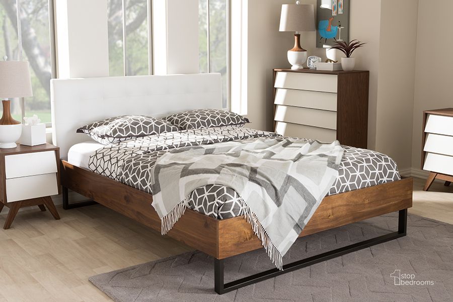 The appearance of Baxton Studio Mitchell Rustic Industrial Walnut Wood White Faux Leather Dark Bronze Metal Queen Size Platform Bed designed by Baxton Studio in the industrial interior design. This white piece of furniture  was selected by 1StopBedrooms from Mitchell Collection to add a touch of cosiness and style into your home. Sku: BBT6652-White-Queen. Bed Type: Platform Bed. Material: Wood. Product Type: Platform Bed. Bed Size: Queen. Image1