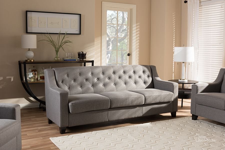 The appearance of Baxton Studio Arcadia Modern And Contemporary Grey Fabric Upholstered Button-Tufted Living Room 3-Seater Sofa designed by Baxton Studio in the modern / contemporary interior design. This grey piece of furniture  was selected by 1StopBedrooms from Arcadia Collection to add a touch of cosiness and style into your home. Sku: BBT8021-SF-Grey-XD45. Material: Fabric. Product Type: Sofa. Image1