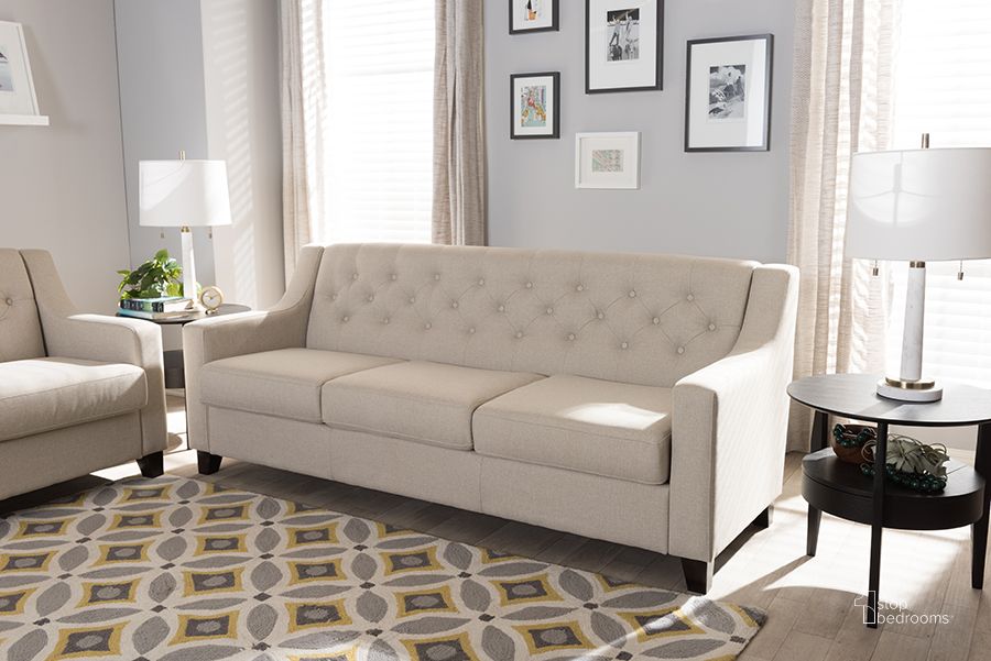The appearance of Baxton Studio Arcadia Modern And Contemporary Light Beige Fabric Upholstered Button-Tufted Living Room 3-Seater Sofa designed by Baxton Studio in the modern / contemporary interior design. This light beige piece of furniture  was selected by 1StopBedrooms from Arcadia Collection to add a touch of cosiness and style into your home. Sku: BBT8021-SF-Light Beige-6086-1. Material: Fabric. Product Type: Sofa. Image1
