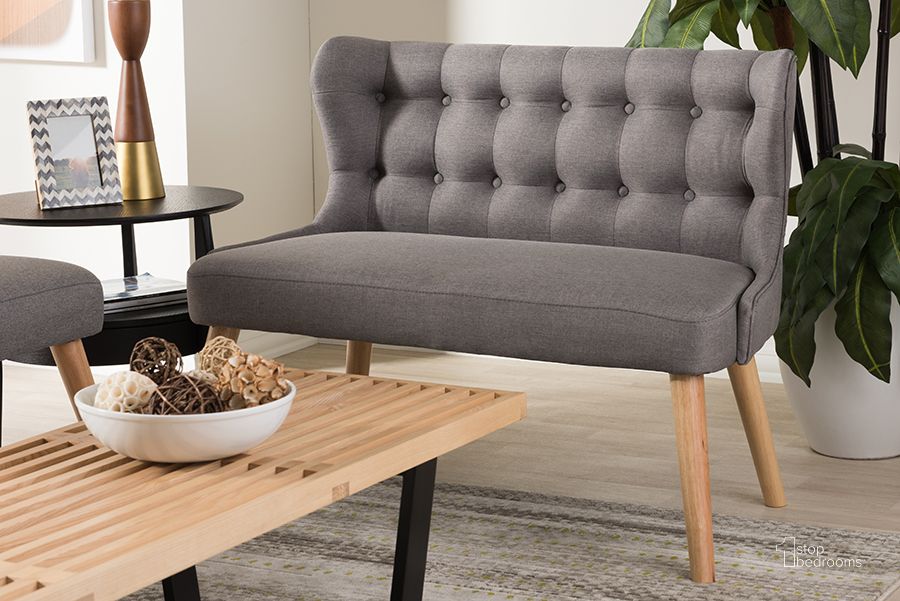 The appearance of Baxton Studio Melody Mid-Century Modern Grey Fabric And Natural Wood Finishing 2-Seater Settee Bench designed by Baxton Studio in the transitional interior design. This grey piece of furniture  was selected by 1StopBedrooms from Melody Collection to add a touch of cosiness and style into your home. Sku: BBT8026-LS-Grey-XD45. Material: Fabric. Product Type: Loveseat. Image1