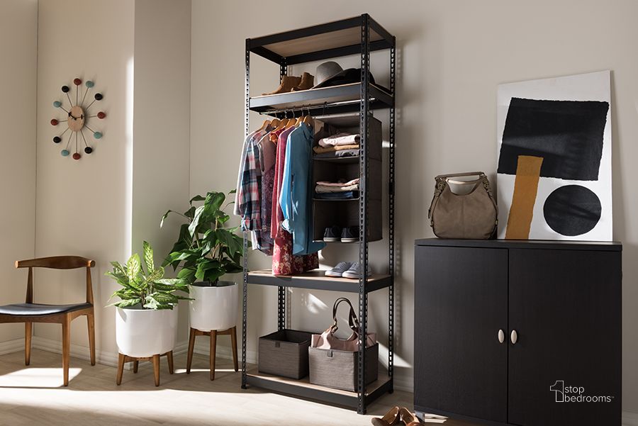 The appearance of Baxton Studio Gavin Black Metal 4-Shelf Closet Storage Racking Organizer designed by Baxton Studio in the traditional interior design. This black piece of furniture  was selected by 1StopBedrooms from Gavin Collection to add a touch of cosiness and style into your home. Sku: BH09-Black-Shelf. Material: Metal. Product Type: Storage Trunk. Image1