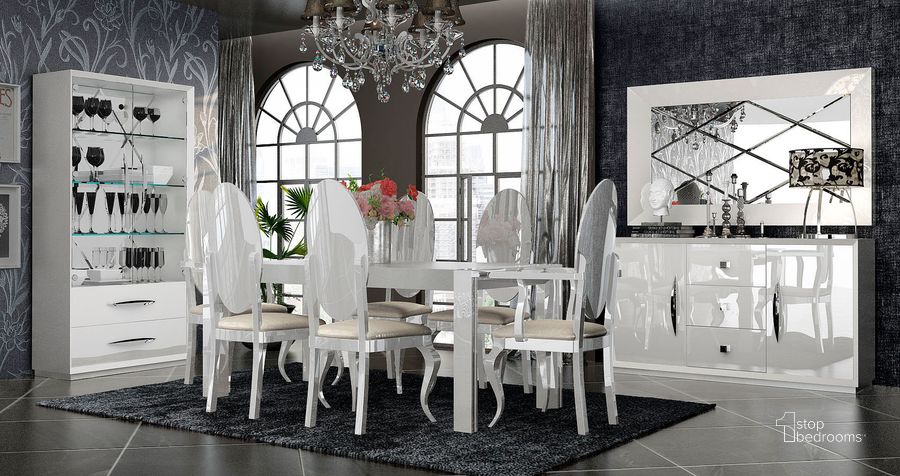 The appearance of Carmen Dining Room Set (White) designed by ESF in the modern / contemporary interior design. This white piece of furniture  was selected by 1StopBedrooms from Carmen Collection to add a touch of cosiness and style into your home. Sku: CARMENTABLEWHITE;CARMENSIDECHAIRWHITE. Table Base Style: Legs. Product Type: Dining Room Set. Material: MDF. Table Top Shape: Rectangular. Size: 63". Image1