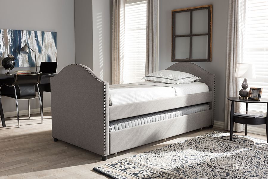 The appearance of Baxton Studio Alessia Modern And Contemporary Grey Fabric Upholstered Daybed With Guest Trundle Bed designed by Baxton Studio in the modern / contemporary interior design. This grey piece of furniture  was selected by 1StopBedrooms from Alessia Collection to add a touch of cosiness and style into your home. Sku: CF8751-Grey-Day Bed. Bed Type: Daybed. Material: Fabric. Product Type: DayBed. Image1