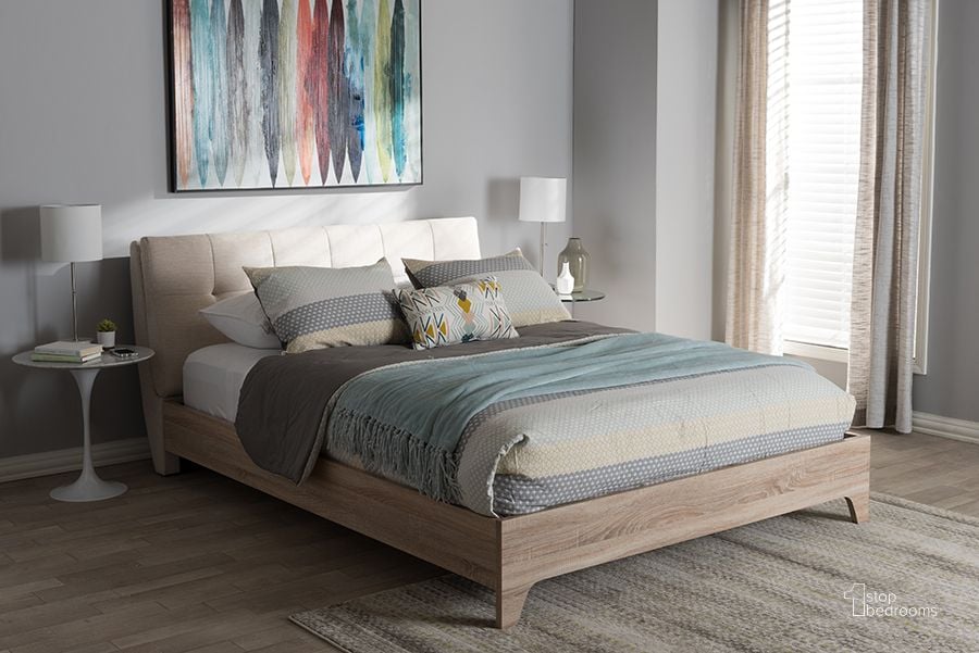 The appearance of Baxton Studio Adelia Mid-Century Light Beige Whitewash Queen Size Platform Bed designed by Baxton Studio in the transitional interior design. This light beige piece of furniture  was selected by 1StopBedrooms from Adelia Collection to add a touch of cosiness and style into your home. Sku: CF8821-Light Beige/Natural-Queen. Bed Type: Platform Bed. Material: Fabric. Product Type: Platform Bed. Bed Size: Queen. Image1