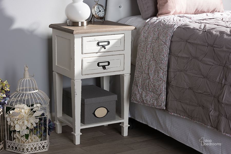The appearance of Baxton Studio Dauphine Provincial Style Weathered Oak And White Wash Distressed Finish Wood Nightstand CHR20VM designed by Baxton Studio in the transitional interior design. This white piece of furniture  was selected by 1StopBedrooms from Dauphine Collection to add a touch of cosiness and style into your home. Sku: CHR20VM/M B-C. Material: Wood. Product Type: Nightstand. Image1