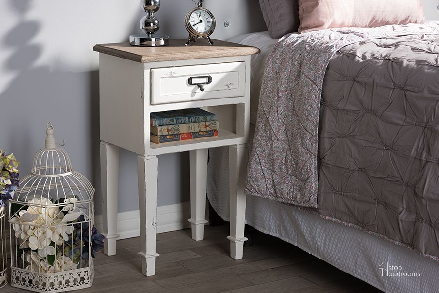 The appearance of Baxton Studio Dauphine Provincial Style Weathered Oak And White Wash Distressed Finish Wood Nightstand CHR6VM designed by Baxton Studio in the transitional interior design. This white piece of furniture  was selected by 1StopBedrooms from Dauphine Collection to add a touch of cosiness and style into your home. Sku: CHR6VM/M B-CA. Material: Wood. Product Type: Nightstand. Image1