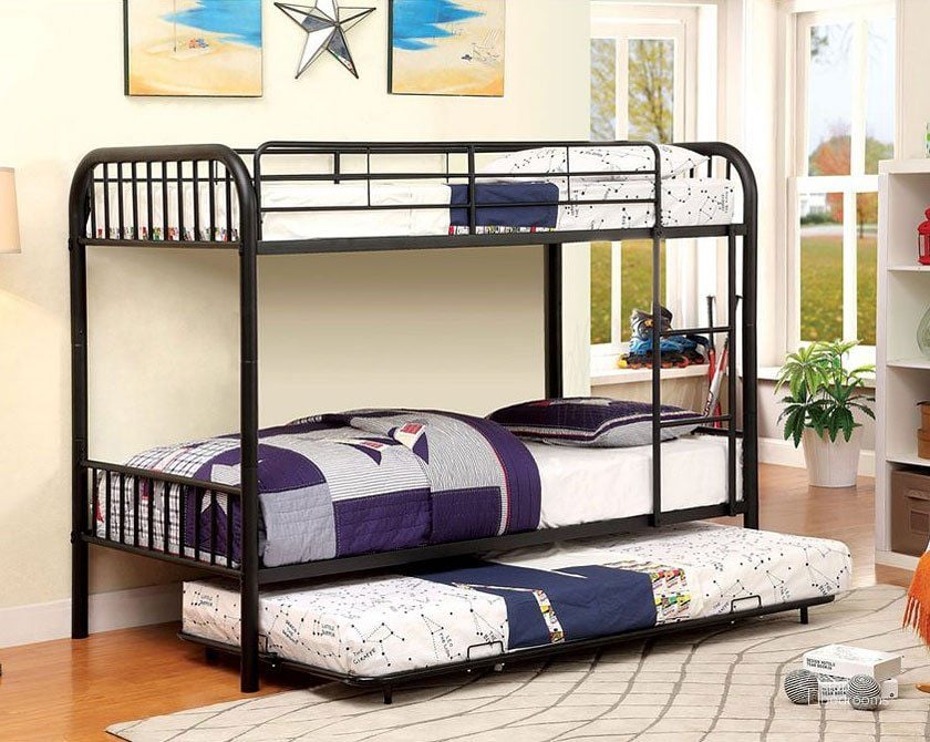 The appearance of Rainbow Convertible Twin over Twin Bunk Bed (Black) designed by Furniture of America in the modern / contemporary interior design. This black piece of furniture  was selected by 1StopBedrooms from Rainbow Collection to add a touch of cosiness and style into your home. Sku: CM-BK1035BK. Bed Type: Bunk Bed. Material: Metal. Product Type: Bunk Bed. Bed Size: Twin Over Twin.