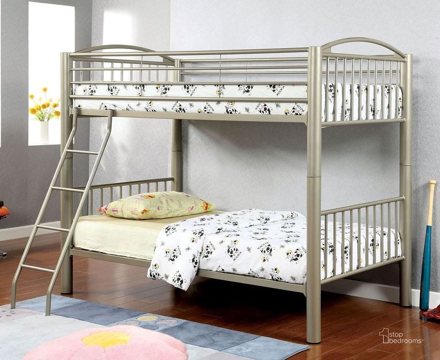 The appearance of Lovia Twin over Twin Bunk Bed designed by Furniture of America in the modern / contemporary interior design. This silver piece of furniture  was selected by 1StopBedrooms from Lovia Collection to add a touch of cosiness and style into your home. Sku: CM-BK1037T. Bed Type: Bunk Bed. Material: Metal. Product Type: Bunk Bed. Bed Size: Twin Over Twin. Image1